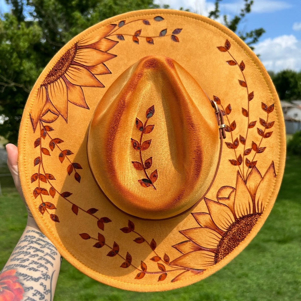 Hand Burned Yellow Suede Fedora Double Sunflower Burned Hat, Vegan Suede Hat